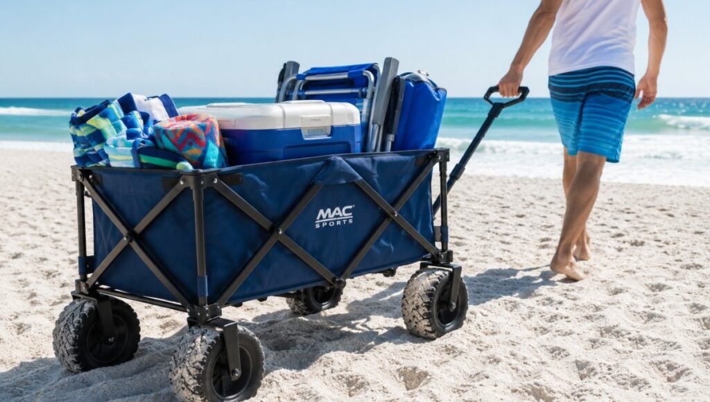 MacSports All-Terrain beach wagon with large wide wheels being pulled across soft sandy beach loaded with beach gear and cooler