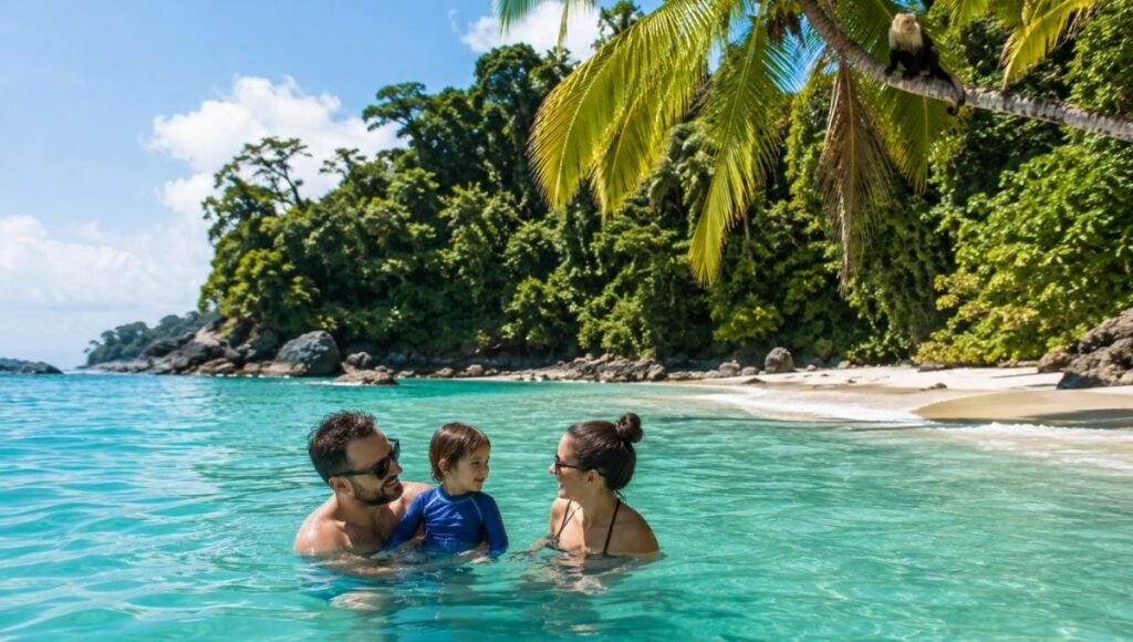 Family swimming in calm turquoise cove at Manuel Antonio National Park Costa Rica with a capuchin monkey visible in the palm tree above the white sand beach