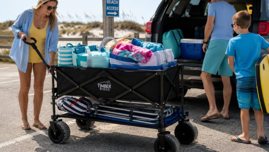 Timber Ridge double decker folding beach wagon fully loaded showing two storage tiers with upper level bags and lower extended shelf holding umbrella poles and chair frames