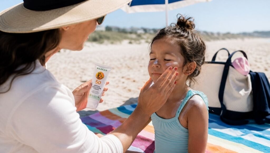 Parent carefully applying mineral sunscreen to young child's face and shoulders on the beach with umbrella in background on a bright sunny day