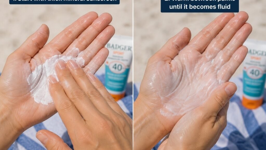 Hands rubbing white mineral sunscreen together in palms to warm it before beach application showing the technique that reduces white cast