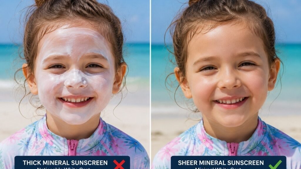Side by side comparison of obvious white cast mineral sunscreen versus sheer mineral sunscreen with minimal white cast on children's faces at the beach