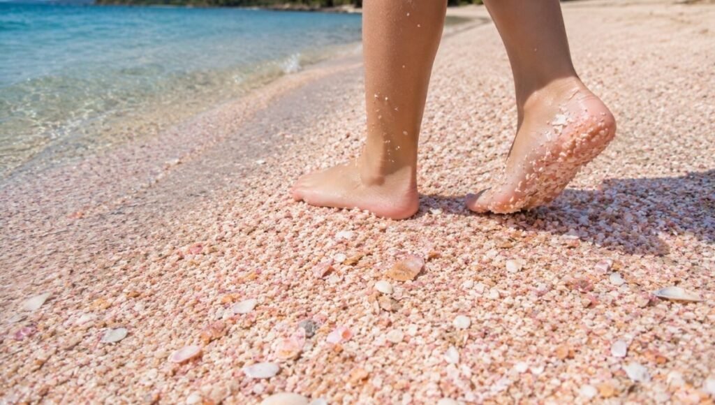 Close up of Playa Conchal Costa Rica distinctive beach sand made entirely of crushed seashells with child's feet and clear turquoise water at the shoreline