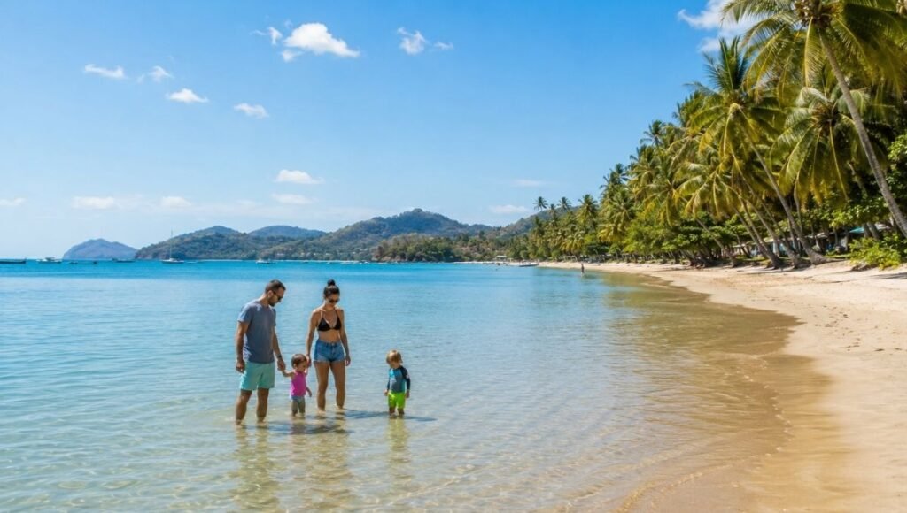 Playa Samara Nicoya Peninsula Costa Rica showing wide protected bay with calm gentle waves and family with young children wading in shallow turquoise water