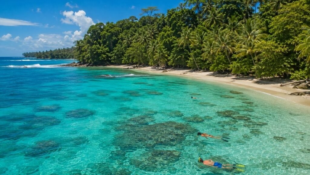 Pristine Punta Uva beach on the Caribbean coast of Costa Rica with turquoise calm reef-protected water and lush tropical jungle coming right to the shoreline