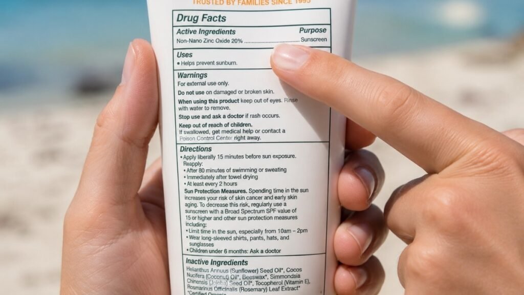 Close up of sunscreen bottle label showing active ingredients panel with non-nano zinc oxide as the only active ingredient being pointed to by a hand