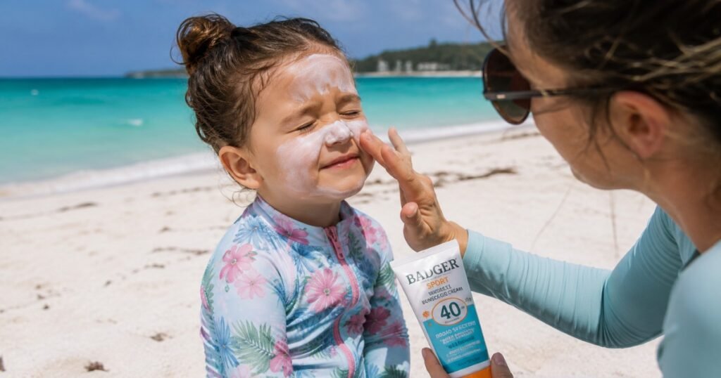 Parent applying white mineral reef safe sunscreen to young child's face on a white sandy beach with turquoise ocean in the background
