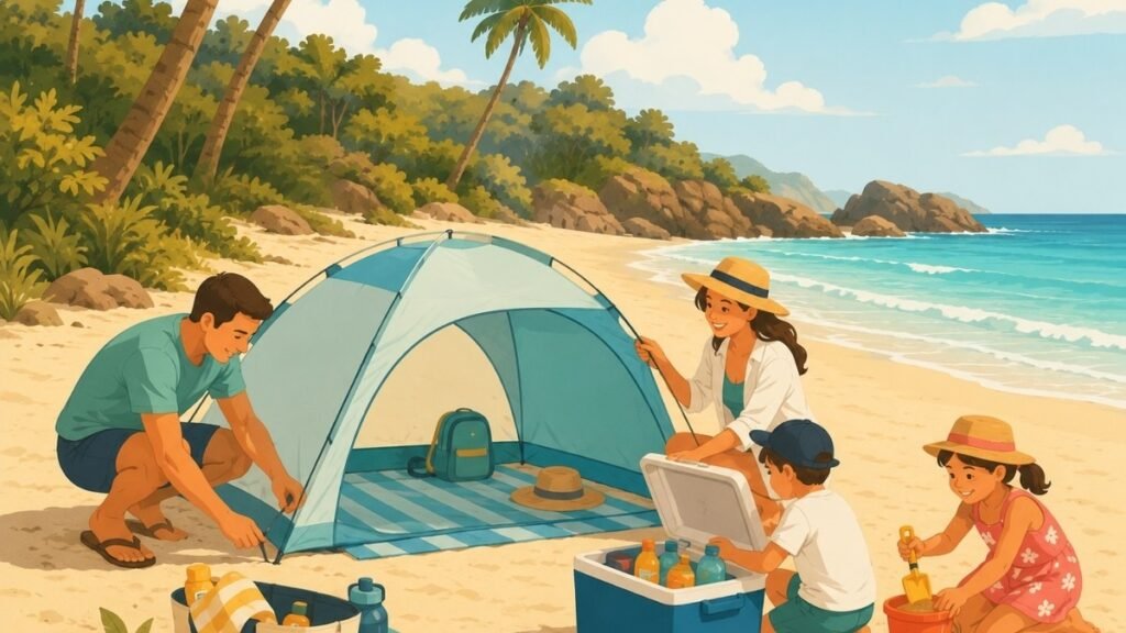Illustration of a family setting up shade and supplies for a remote Dominican Republic beach day