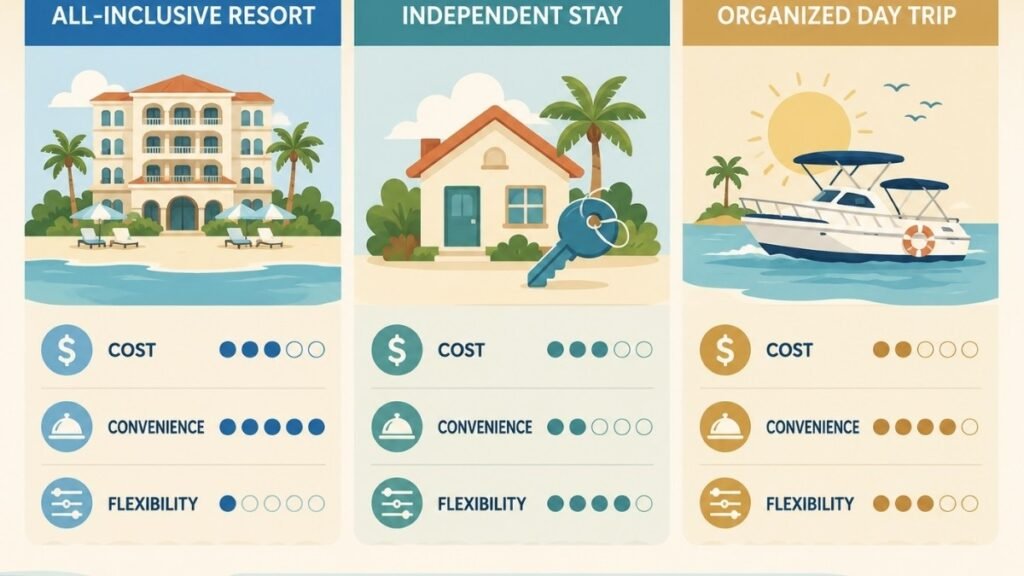 Comparison graphic of resort stay, independent accommodation, and organized day trip options for Dominican Republic beaches