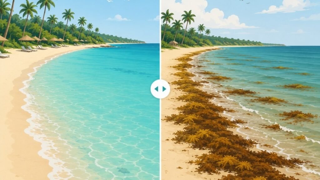 Illustration comparing a clear beach shoreline versus one affected by sargassum seaweed buildup